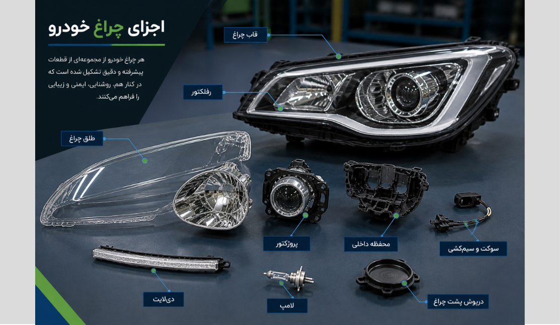 اجزای چراغ خودرو چیست؟ آشنایی با ساختار داخلی چراغ